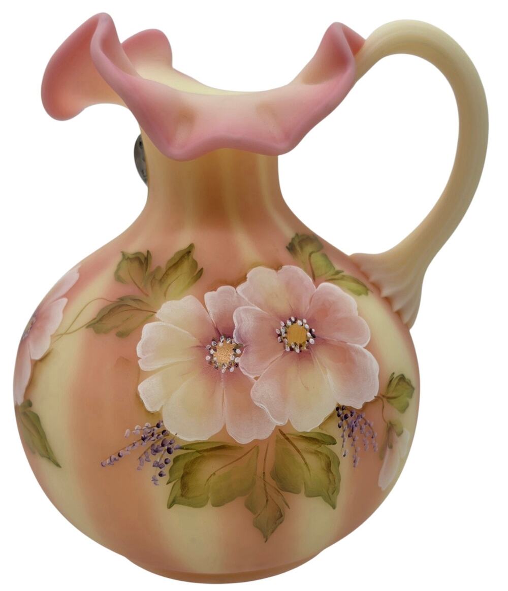 FENTON SATIN BURMESE DECORATED PITCHER BILL FENTON 56 YEARS GLOWS SIGNED